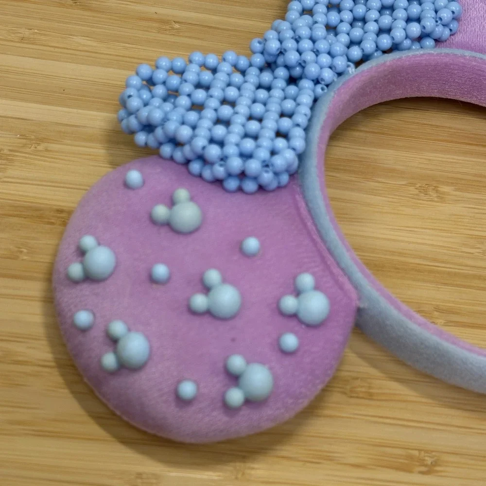 Disney Parks Pink with Mickey Icons Blue Beaded Bow Minnie Mouse Ears Headband
